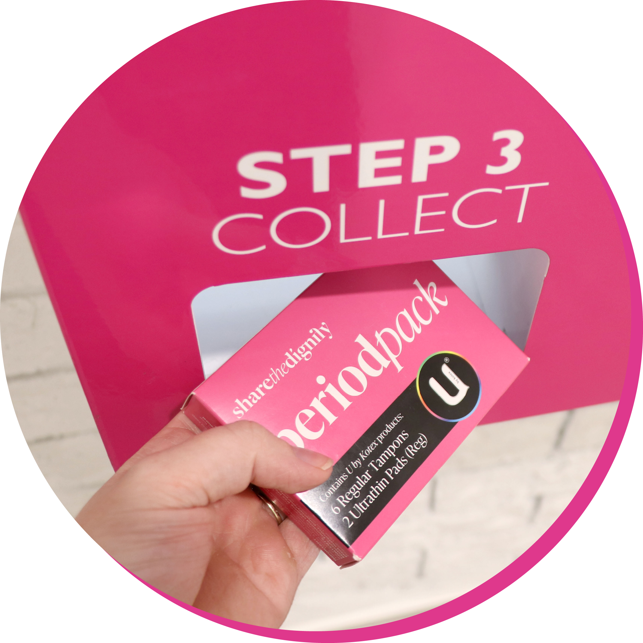 Someone collecting a period pack from a Dignity Vending Machine dispensing free period products Someone collecting a period pack from a Dignity Vending Machine dispensing free period products